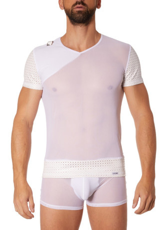 T-shirt blanc maille et brillance ajourée - LM902-81WHT